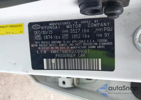 2016 Hyundai Accent Se z USA, uszkodzony, nr VIN KMHCT4AE6GU089061